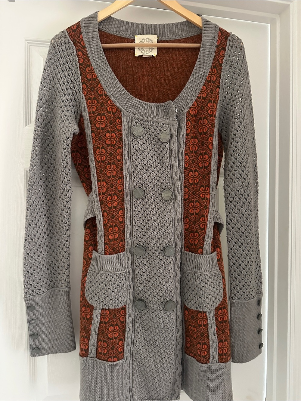 Women's Gray and Rust Patterned Knit Cardigan Sweater